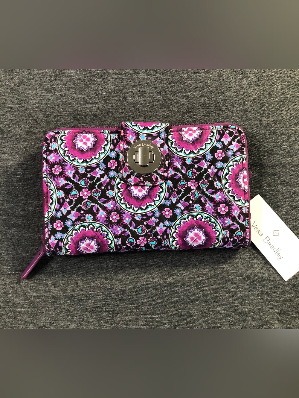 Vera Bradley Purple Floral RID Turn-Lock Wallet with Aqua Accents NWT